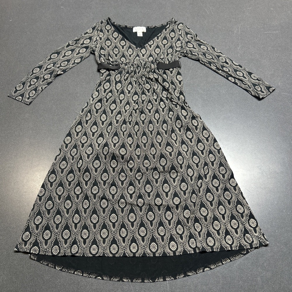 Ann Taylor Loft Black Beige Long Sleeve Fit & Flare Dress Size 0 Tie Waist Modal